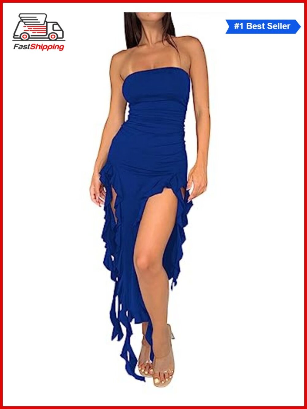 ✨ Y2K Strapless Ruffle Bodycon Maxi Dress Tube Top Ruched Split Thigh Club Party